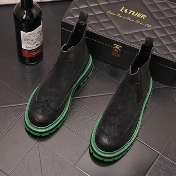erkek moda hakiki deri çizmeler marka tasarımcısı oyma brogue ayakkabı kovboy platformu çizme bahar sonbahar chelsea botas hombre