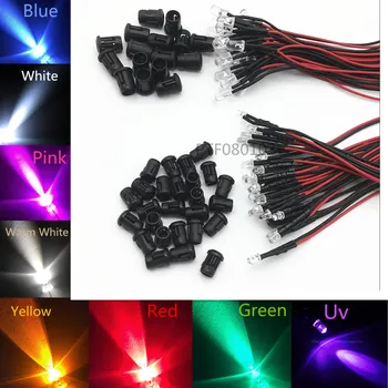 20-100 adet 3mm/5mm Kırmızı/Yeşil/Mavi/RGB beyaz UV DC12V Yuvarlak Ön Kablolu Su Şeffaf LED Plastik Tutucu İle