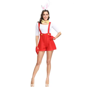 Cadılar bayramı Cosplay Bunny Kız Kostüm Yetişkin Kadın Seksi Üniforma Kırmızı Beyaz Tavşan Kulaklar Tulumlar Set