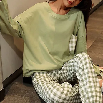 Ekose Pijama Bayanlar Bahar Sonbahar Uzun Kollu Polyester Pamuk kadın Sonbahar ve Kış Büyük Boy Rahat Sonbahar Ev Tekstili Seti