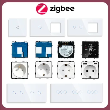 Dokunmatik ışıklı anahtarlar ZigBee Anahtarı ve Soket Parçaları İle Cam Panel Duvar Prizleri DIY Parçası Akıllı Ev AB Standardı Gerekir Nötr