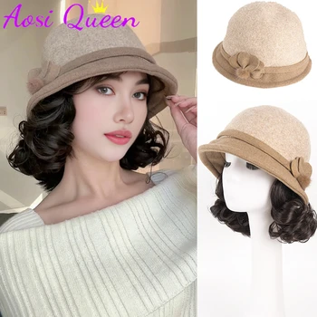 AOSI Şapka Ve Peruk Entegre Sonbahar Ve Kış Moda Yün Şapka Kalınlaşmış Sıcak Balıkçı Şapka Tembel Kısa Kıvırcık Peruk Şapka