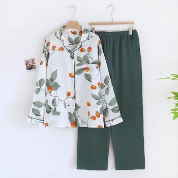 Kırsal Pijama kadın Çift katmanlı Saf Pamuklu Gazlı Bez Bahar Sonbahar Yaz İnce Çiçek Uzun Kollu Yeni Ev Giyim Seti