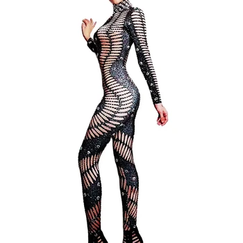 Sparkly Rhinestones Bodysuit Kadın Performans Siyah Uzun Kollu Shining Sparkly Rhinestones Seksi Tulumlar