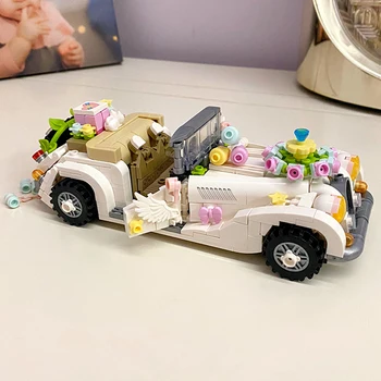 Oyuncaklar Çocuklar için Beyaz Cabrio Düğün Araba Buket Dekorasyon Romantik Yaratıcı Hediye 3D Modeli DIY Blokları Tuğla Yapı