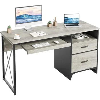 Çekmeceli ofis Masası, 55 inç Endüstriyel Bilgisayar Masası Depolama, Ahşap Öğretmen Masası Klavye Tepsisi ve Dosya Çekmece