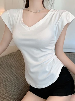 V Boyun Pamuk T Shirt Kadın Temel İnce 2023 Yaz kore moda üst giyim Düzensiz Kısa Kollu Kadın Beyaz Siyah Tee Gömlek Femme