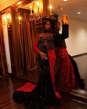 Siyah Kırmızı Trompet Akşam Durum Elbise Kadınlar için Sparkly Kadife Kristal Uzun Kollu tam örgü Afrika Balo Parti Kıyafeti