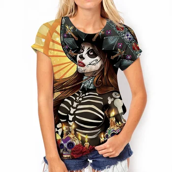 2023 Yeni Yuvarlak Boyun kadın 3D T-Shirt Kafatası Günü Ölü Üst O-Boyun Palyaço Korku Çiçek Kısa Kollu Büyük Boy Rahat Hip Hop Elbise