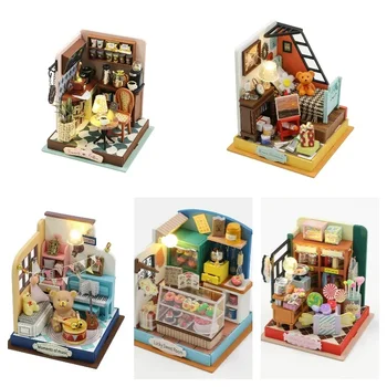DIY bebek evi oyuncak 3D ahşap bebek evleri minyatür Dollhouse oyuncaklar mobilya LED ışıkları ile