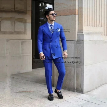 Kraliyet Mavi Takım Elbise Erkek Kruvaze Iş Blazer Slim Fit Düğün Damat Smokin 2 Parça Set Ceket Pantolon Terno Masculino
