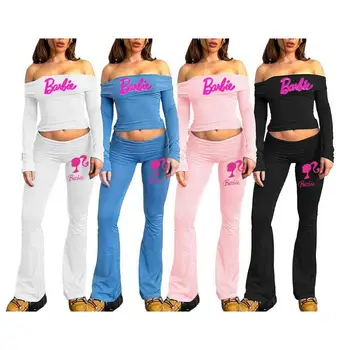 2 Adet Set Barbie Moda Kadınlar Uzun Kollu Karikatür Pembe Sıcak Kızlar Üst Rahat Pantolon Takım Elbise Anime Y2K Bayanlar Slim Fit Yoga Giysileri