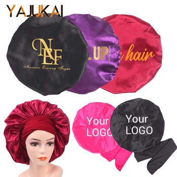 Özelleştirilmiş İpek Saten Kaput Logosu Saç Jumbo Boyutu Uyku İçin Saten Kaput Sıkı Kravat Bandı Kadınlar İçin Uzun Kıvırcık Saç 20 Adet