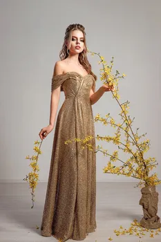 Kadın Zarif Elbiseler gece elbisesi Sparkly Glitters Payetli Altın Kapalı Omuz Sevgiliye Bir Çizgi Uzun Kat Uzunluk Balo Elbise