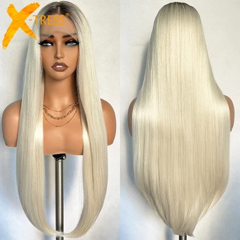X-TRESS Sentetik Dantel Peruk 32 İnç Uzun İpeksi Düz Peruk Kadınlar için Ombre Gümüş Siyah Köklü Beyaz Peruk Dantel ön peruk