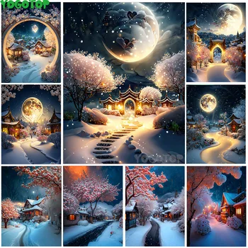 5d Elmas Boyama Yeni Kar Ay Ev Manzara Elmas Nakış DİY Mozaik Çapraz Dikiş Sanat Duvar Dekor gece kış YY6342