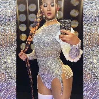 Kadın Şarkıcı Leotard Sahne Giyim Beyonce Streç Kıyafet Süper İnciler Rhinestones Çiçek Playsuits Seksi Performans