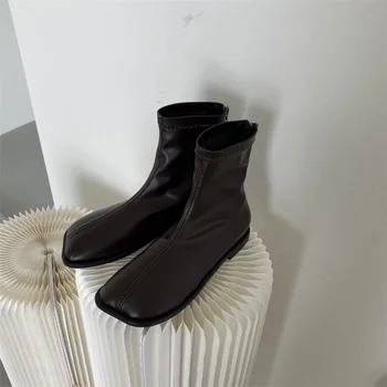 Kaya Ayakkabı Kadın Sonbahar Çizmeler Düz Topuk Fermuar Çizmeler-Kadın Bayanlar Ayak Bileği Deri Kauçuk Düşük 2024 Kumaş Kare Ayak Roma botines