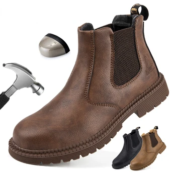 Su Geçirmez Güvenlik iş ayakkabısı Erkekler İçin Çelik Kafa Deri Çizmeler Erkek Ayakkabı Yıkılmaz İnşaat iş ayakkabısı Kahverengi