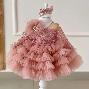Pullu Boncuk Çocuk doğum günü partisi elbisesi Sparkly Kız Düğün Parti Elbise Puf Çiçek Kız Elbise Sevimli Bebek Elbise İlk Elbisesi