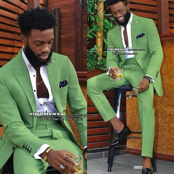 Akıllı Rahat Erkek Takım Elbise Slim Fit Tek Göğüslü Ceket Pantolon 2 Adet Yeşil Sigara İş Blazers Custom Made Kostüm Homme