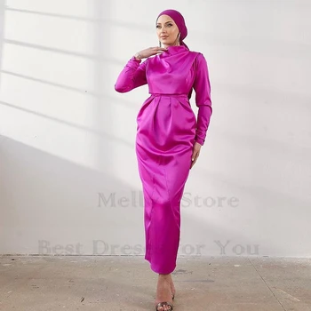 Zarif Streç Saten Kılıf Müslüman Abiye Kadınlar için Tam Kollu Yüksek Boyun Ayak Bileği Uzunluğu Balo Abiye Plise Robe De Soirée