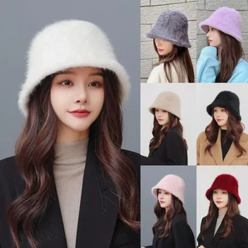 Yeni Tavşan Kürk Kova Şapka Kadın Kürklü Balıkçı Şapka Kore Versiyonu Sıcak Şapka Sonbahar ve Kış Peluş Kapak Yüz Güneş Koruyucu Şapka