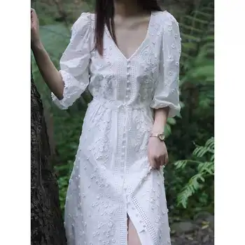 TEELYNN Beyaz Çiçek Nakış Dantel Elbise Kadın Elbise Vintage Pamuk V Boyun Sonbahar Maxi Elbise Parti Bohemian Vestidos 2022