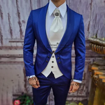 İtalyan Erkek Takım Elbise 3 Adet Setleri Damat Düğün Smokin Iş Erkek Uzun Ceket Blazers Jakarlı Yelek Pantolon Slim Fit Kostüm Homme