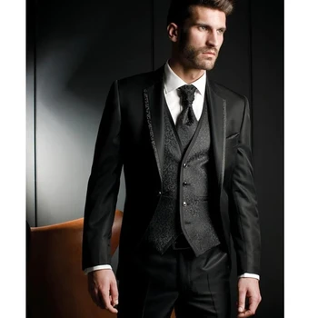 Siyah Jakarlı Slim Fit Düğün takımları Damat 3 Parça Erkek Moda Takım Elbise Ceket Yelek Pantolon Çentikli Yaka Erkek ceket