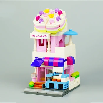 Oyuncak Çocuklar için Şehir Sokak Doğum Günü Pastası Dükkanı Ekmek Tatlı Mağaza Mimari 3D Modeli DIY Mini Blokları Tuğla Yapı