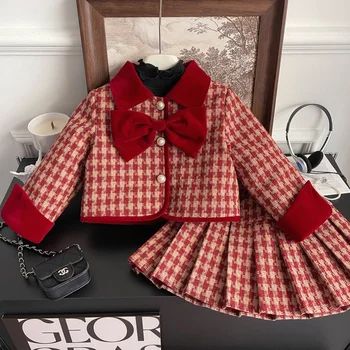 Yeni Kızların Kırmızı Ekose Fiyonklu Takım Elbise Bebek Pamuklu iki parçalı