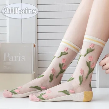 20 Çift Bahar ve Yaz Yüksek değerli Ultra ince İpek Çorap Kadınlar için Lale Peri Kristal Çorap Moda Niş Çorap