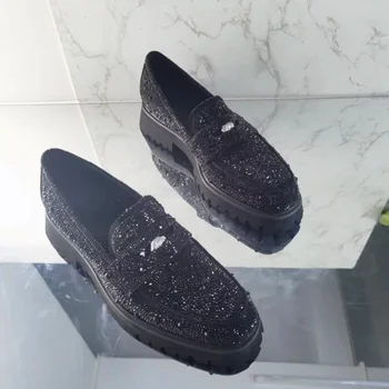 Siyah Rhinestone Loafer'lar Erkekler süet ayakkabı Kalın Tabanlar platform ayakkabılar Deri Elbise Ayakkabı El Yapımı erkek Parti Ve Düğün Ayakkabı