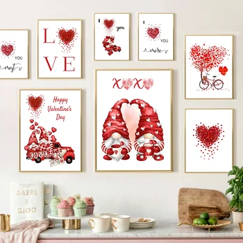 Sevgililer Günü Aşk Ağacı Kırmızı Pembe Kalp duvar sanatı tuval yağlıboya İskandinav Posterler Ve Baskılar Duvar Resimleri Için Oturma Odası Dekor