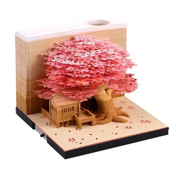 Romantik Ağaç Ev 3D Bloknot Kağıt Oyma sanatı zanaat Not Defteri LED ışıkları ile yapışkan notlar 2024 takvim Dekorasyon Süsler