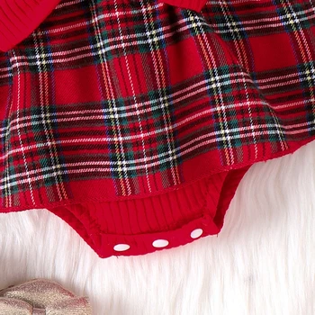 Bebek Kız Kıyafetler Uzun Kollu Fırfır Dantel Romper Ekose Etek Elbise Kafa Bandı ile Noel Giyim Seti