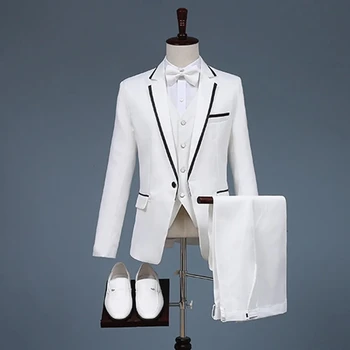 Yeni Beyaz Siyah Erkek Takım Elbise Damat Sağdıç Düğün Parti Resmi Smokin 2 Parça Set Erkek Takım Elbise Ceket Pantolon Hediye Yay