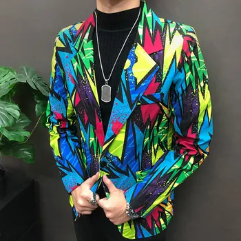 Streetwear Hip Hop Şarkıcı Dansçı Ceket Renkli Graffiti Kontrast Renk Desen Sahne Kostümleri Erkekler İnce Takım Elbise Blazer Ceket