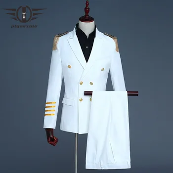 Plyesxale Lacivert Beyaz Kruvaze Takım Elbise Erkekler Püskül Erkek Kaptan Takım Elbise Damat Düğün Takım Elbise Balo Erkek Takım Elbise Pantolon İle Q132