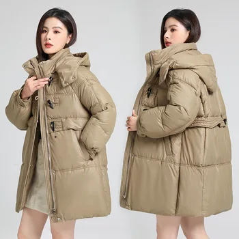 2023 Yeni Kore Kalınlaşmak Uzun Kollu Ceketler Büyük Boy Cepler Kapşonlu Aşağı Palto Kadın İnek Korna Düğmesi Rüzgar Geçirmez Sıcak Parkas