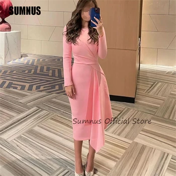 SUMNUS Zarif Pembe Arapça Gelinlik Modelleri Uzun Kollu Saten Mermaid O Boyun Modern Abendkleider Seksi Dubai Örgün Durum Elbise
