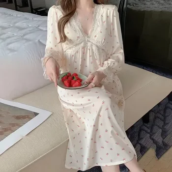 Katı Elbise Seksi Ev Gecelik Dantel Pijama Retro Renk Fransız Kollu kadın Pijama Mahkemesi Tarzı Uzun Prenses Gecelik pj