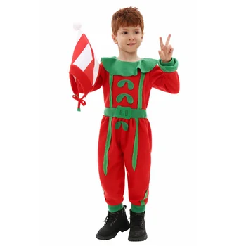 Çocuk Kırmızı ve Yeşil Noel Elf Onesie Karnaval Parti Cosplay Kostümleri Festivali Sahne Gösterisi Kıyafet Tulumlar Santa Şapka