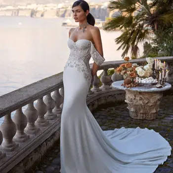 Zarif Denizkızı düğün elbisesi Sevgiliye Kapalı Omuz parlak sim Boncuk gelin kıyafeti Sweep Tren 2023 Vestidos De Novia Özel