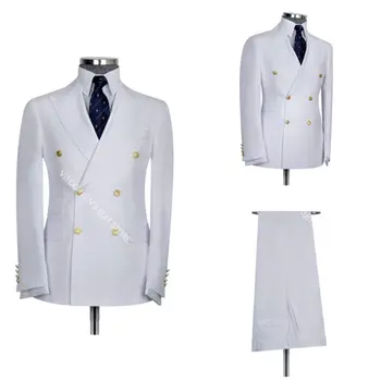 Erkek Takım Elbise Klasik Beyaz Düz Renk Doruğa Yaka Blazer Custom Made Kruvaze Parti Balo Ceket Smokin