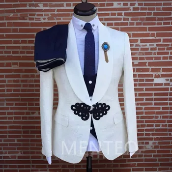 Resmi Düğün Smokin Groomsmen Düğmeli Şal Yaka Erkek Takım Elbise Erkek Moda En İyi Erkek Çiçek Ceket Pantolon Yelek 2024