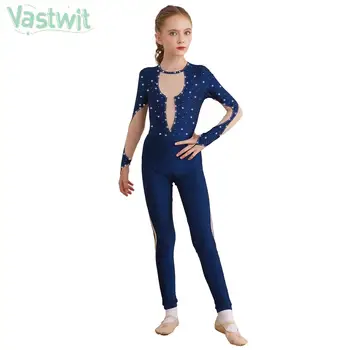 Çocuk Kız artistik patinaj Tulum Bale Jimnastik Akrobasi Yoga Leotard Uzun Kollu Parlak tam örgü Bodysuit Giyim