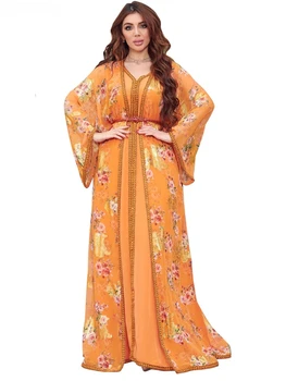 Djellaba Marocaine İki Parçalı Müslüman Elbise Şifon Baskı Kuşaklı Kaftan Ramazan Elbisesi Abayas İslam Kumaş Türk kadın kıyafetleri