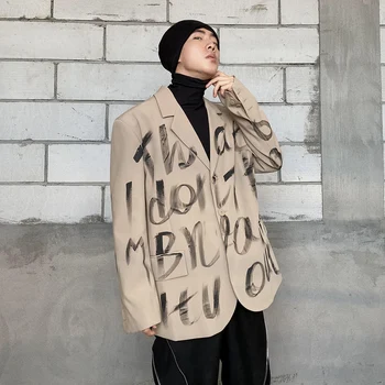 Amerikan Retro Azınlık Tasarım Haki Graffiti Takım Elbise erkek Kore Tarzı Pu Shuai Yüksek Anlamda günlük giysi Ceket Blazer Masculino